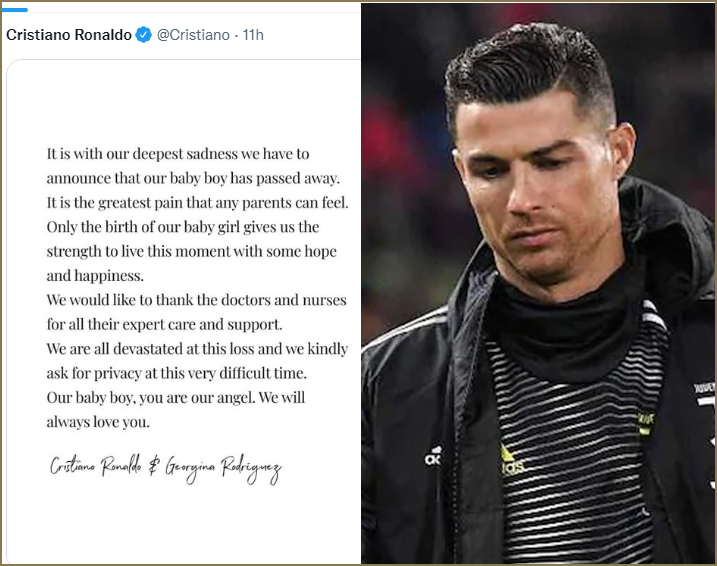 கால்பந்து ஜாம்பவான் ரோனால்டோவுக்கு பிறந்த இரட்டை குழந்தைகளில் ஆண்குழந்தை மரணம்! சோகத்துடன் அறிவிப்பு…