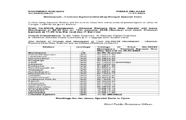 சென்னை திரும்புவோருக்காக 3 சிறப்பு ரயில்கள் இயக்கம்