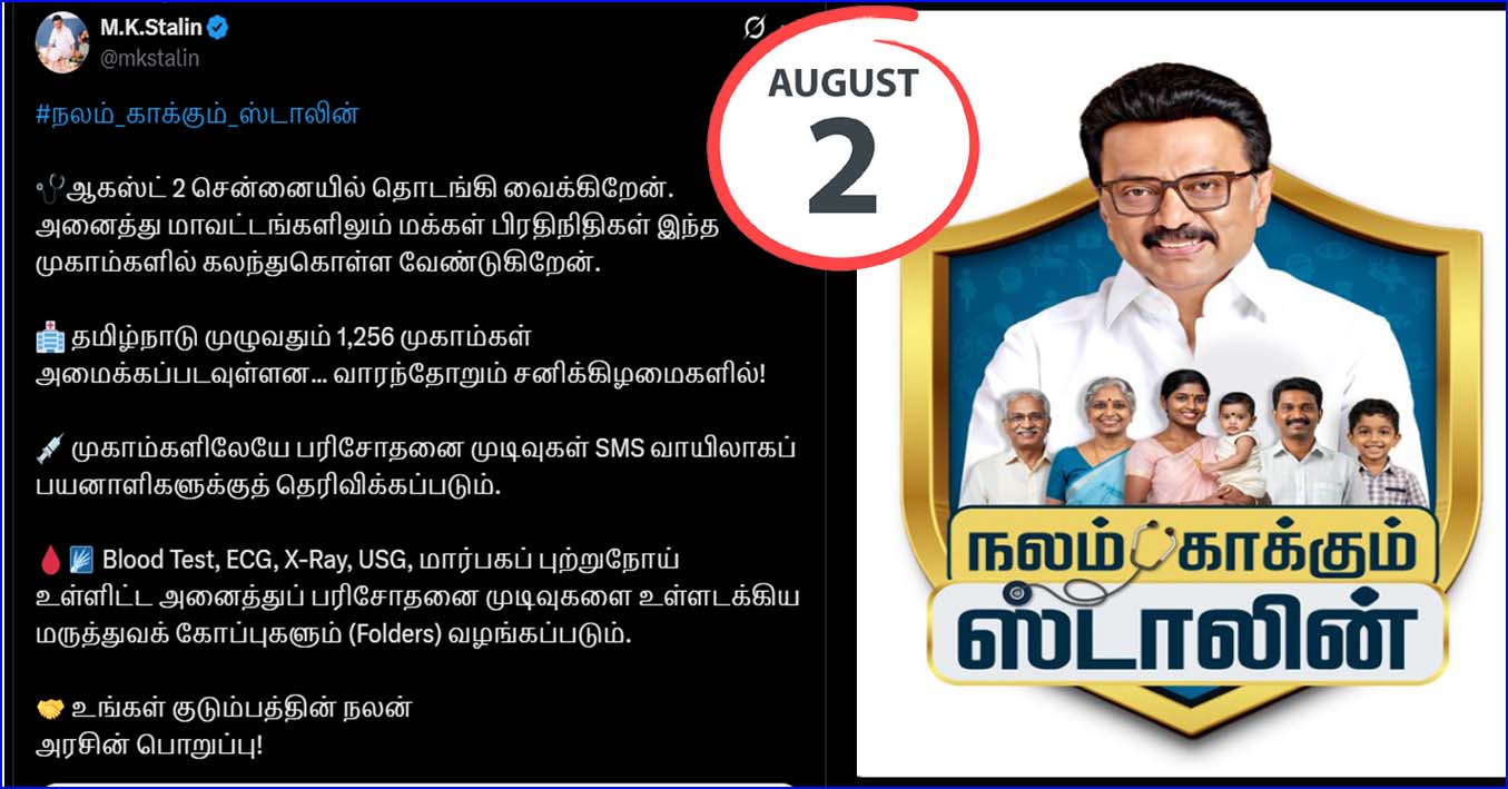 நாளை முதல் தமிழ்நாடு முழுவதும் “நலம் காக்கும் ஸ்டாலின்” முகாம்கள்….! பொதுமக்கள் பயன்படுத்திக்கொள்ள முதலமைச்சர் வேண்டுகோள்….