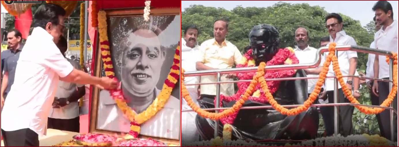 வள்ளுவர் கோட்டத்தில் உள்ள அண்ணா சிலைக்கு மாலை அணிவித்து மரியாதை செய்தார் முதல்வர் ஸ்டாலின்…