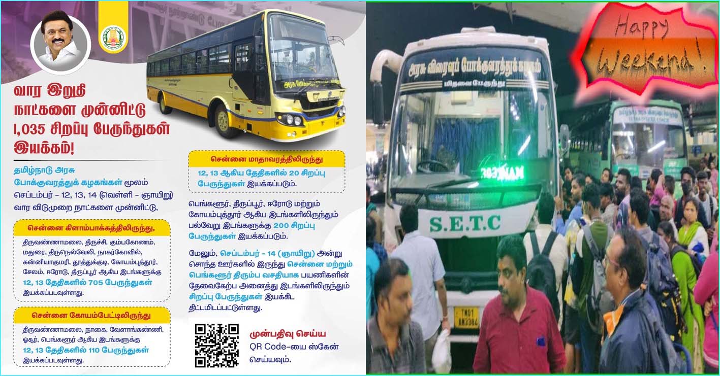 வார இறுதிநாட்கள் விடுமுறையை யொட்டி,  1,035  சிறப்பு பேருந்துகள் இயக்கம்! தமிழ்நாடு அரசு தகவல்…