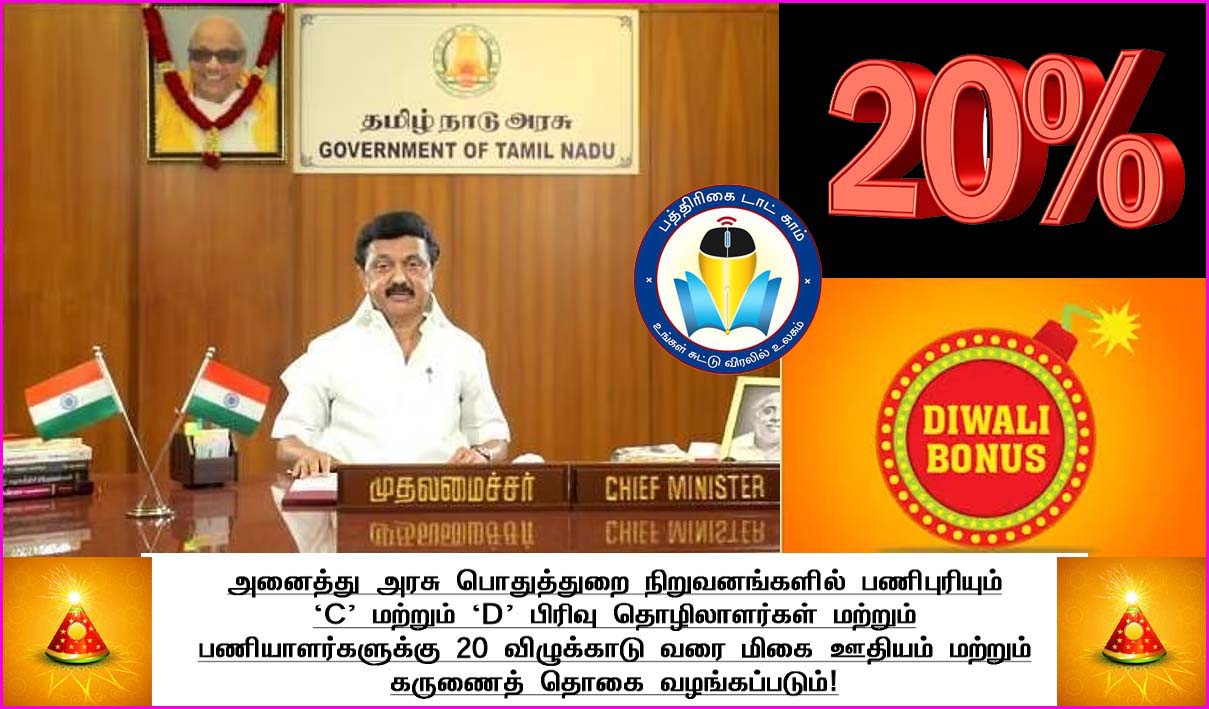 தமிழக அரசு ஊழியர்களுக்கு 20% தீபாவளி போனஸ்! முதலமைச்சர் ஸ்டாலின் அறிவிப்பு…