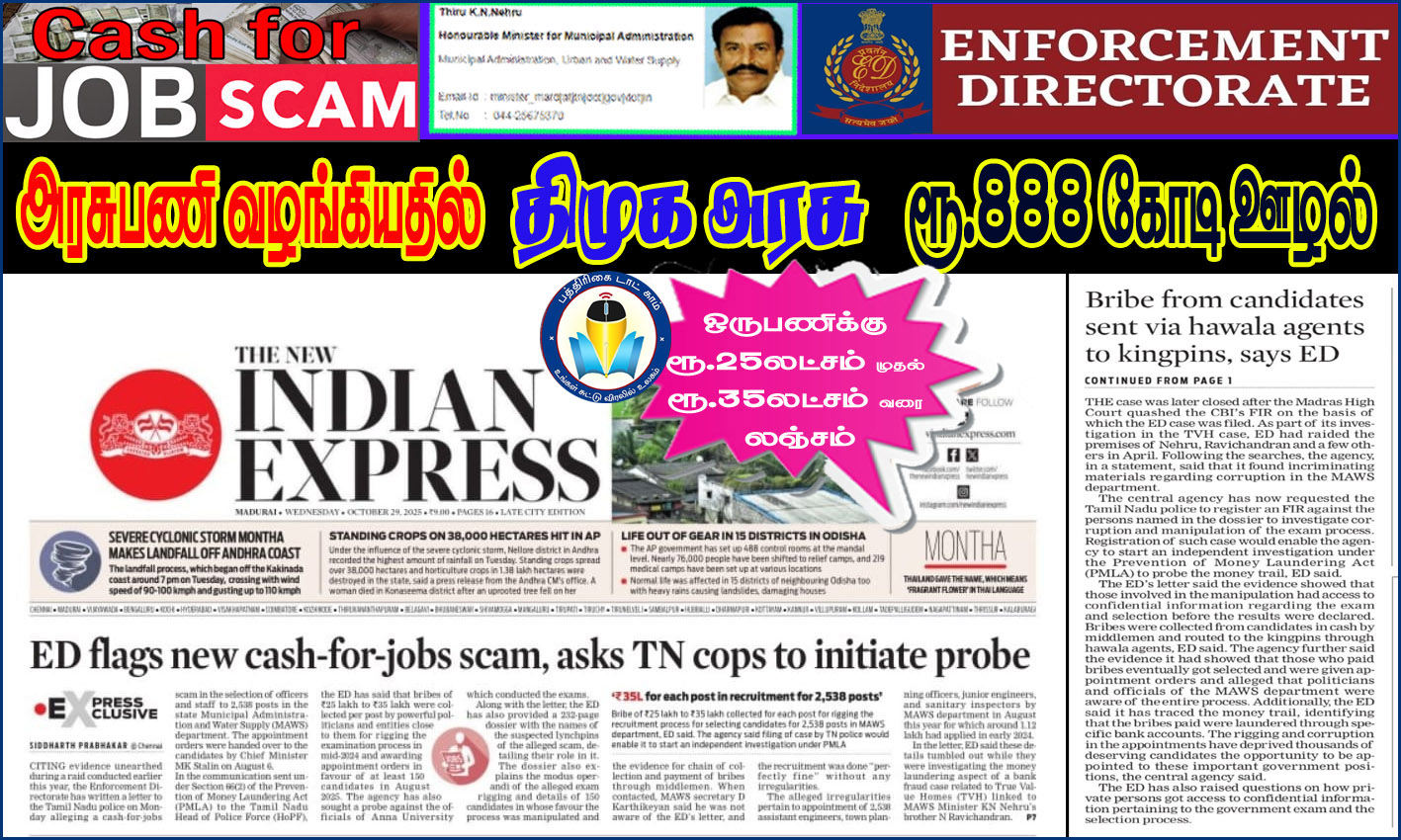 நகராட்சி துறையில் அரசு பணி வழங்கியதில் திமுக அரசு ரூ.888 கோடி ஊழல்!  தி நியூ இந்தியன் எக்ஸ்பிரஸ் அம்பலம்…