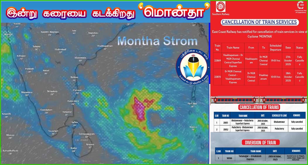 மொன்தா புயல் – மழை எதிரொலி: தமிழகத்தில் இருந்து இயக்கப்படும் சில ரயில்களின் நேரம் மாற்றம்….