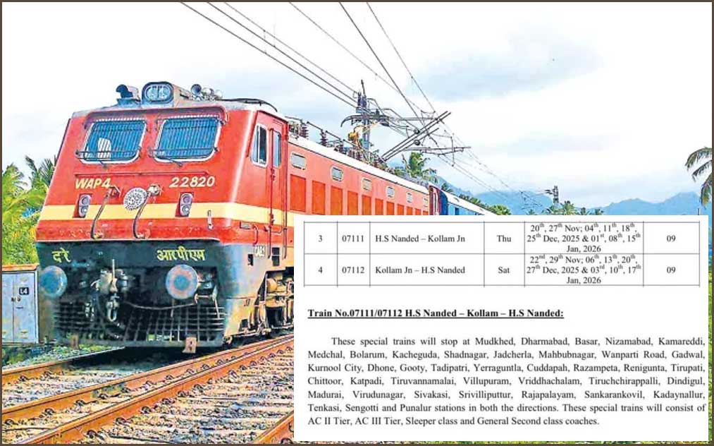 மகாராஷ்டிராவில் இருந்து திருப்பதி,  மதுரை வழியாக சபரிமலைக்கு சிறப்பு ரயில்! தெற்கு ரயில்வே அறிவிப்பு