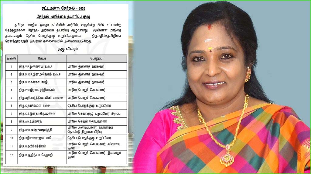 முன்னாள் கவர்னர் தமிழிசை சவுந்தரராஜன் தலைமையில் பாஜக தேர்தல் அறிக்கை தயாரிப்புக் குழு அறிவிப்பு…